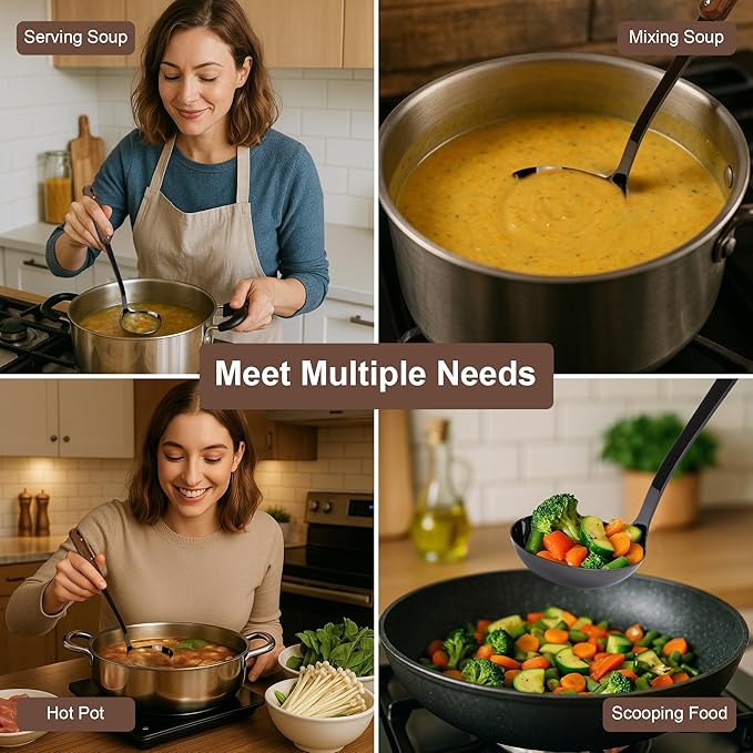 FJNATINH Soup Ladle, 304 Stainless Steel Ladle Spoon for Serving Wok Soup with Ergonomic Heat-proof Wooden Handle, [Heat Resistance, Integral Forming] - Image 5