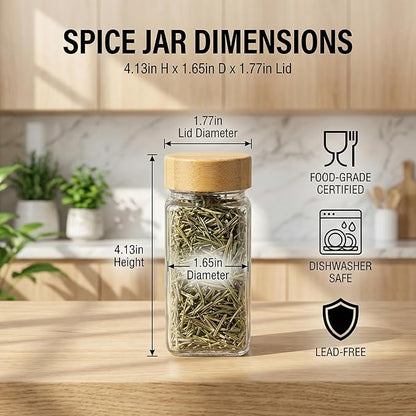 24-Pack Glass Spice Jars with Bamboo Lids, 4 Oz Clear Square Spice Containers with Airtight Seal, Spice Bottles Set with Labels, Shaker Lids and Funnel for Kitchen, Pantry Organization and Storage