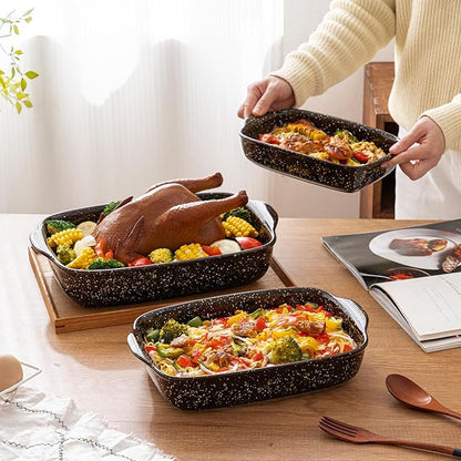 3-Pack Deep Rectangular Ceramic Baking Dishes, Heavy-Duty Oven-Safe Stoneware Casserole Pans for Lasagna Baking, High Heat Resistant Handcrafted Glazed Finish,Speckle Series(13.8''/12''/9.6'' Brown) - Image 7
