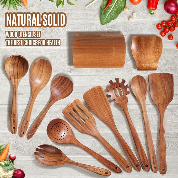 Wooden Spoons for Cooking, 12PCS Teak Wooden Kitchen Utensil Set with Spoon Rest - Smooth Finish, Non-Stick, Comfortable Grip, Heat Resistant Cooking Utensils Set - Image 8
