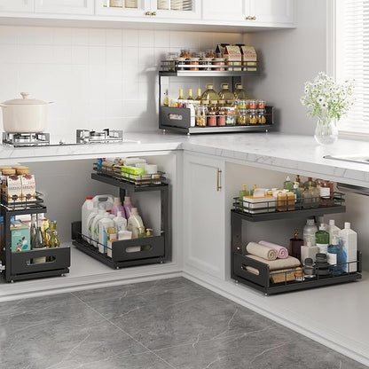 Under Sink Organizer Upgrade To Professional Rails,2-Tier Dual Pull Out Cabinet Storage,Height Adjustable Slide Out Drawers For Bathroom Kitchen,2 Pack-16.7"Dx12.8"-16.9"H,Black - Image 7