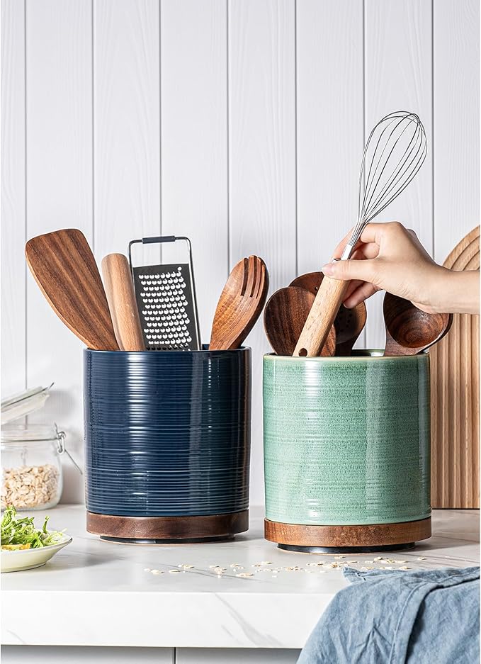 Utensil Holder, 360° Rotating Extra Large Ceramic Kitchen Utensil Holder for Countertop, 7.3“ Cooking Utensil Crocks for Kitchen Counter with Rotatable Wooden Base, Farmhouse Decor, Forest Green - Image 9