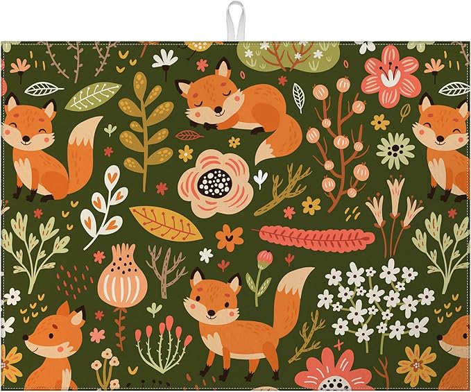 Cute Fox Dish Drying Mat for Kitchen Counter Animals Drying Pad Absorbent Reversible Dish Drainer Rack Mats Draining Pad 18"x24"Inch