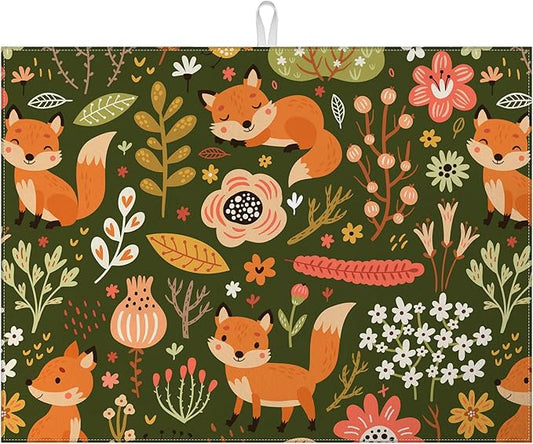 Cute Fox Dish Drying Mat for Kitchen Counter Animals Drying Pad Absorbent Reversible Dish Drainer Rack Mats Draining Pad 18"x24"Inch