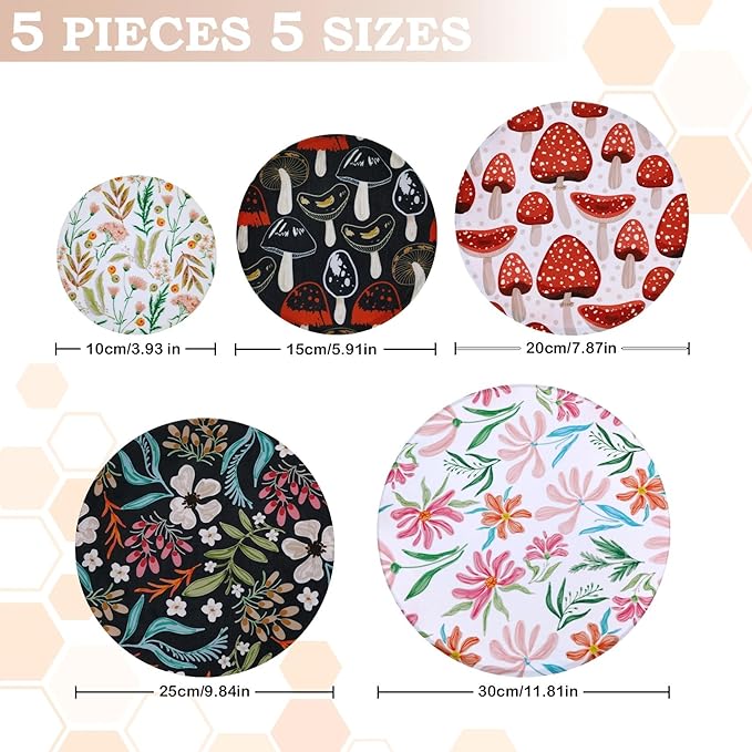 5-Size Reusable Beeswax Bowl Covers for Bread Proofing, Cotton Cloth Flexible Beeswax Wraps for Food Storage(Mushroom) - Image 2