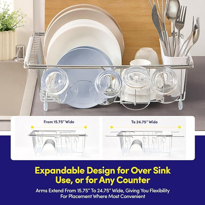 Dish Drying Rack Over The Sink Expandable to 24.5" Dish Drainer — Space-Saving Rectangular Kitchen Extending Drying Station with Utensil Holder, Fits Most Sinks for Easy Dish Organization, White - Image 2