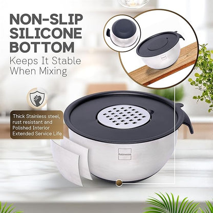 Stainless Steel Mixing Bowls Set of 3, Large Nesting Bowls with Airtight Lids for Food Prep, Cooking, Baking, Salad, and Outdoor Dining (Black, 3 Pcs)