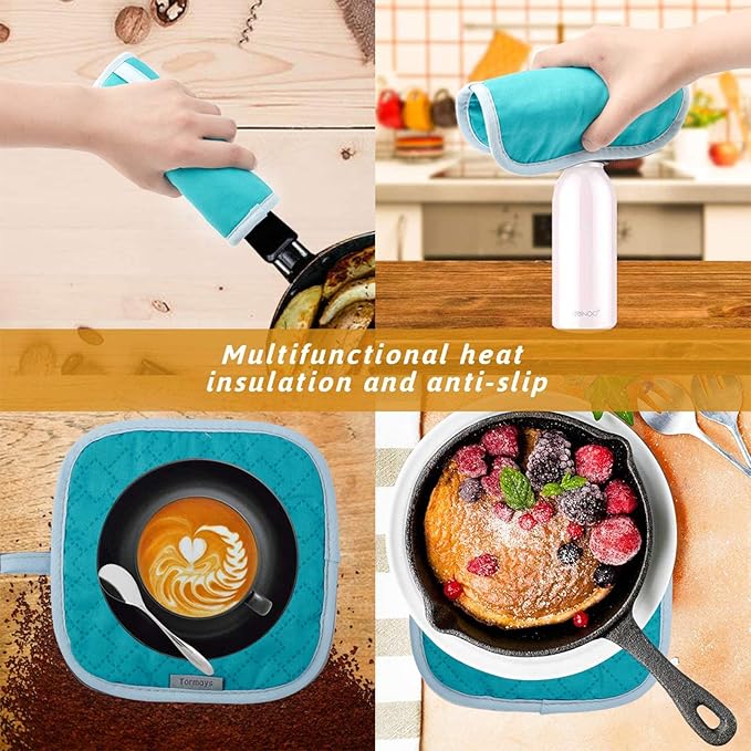 4Pcs Oven Mitts and Pot Holders Set, 572F Heat Resistant Oven Glove, Soft Cotton Lining with Non-Slip Surface for Kitchen Baking BBQ (Turquoise) - Image 4