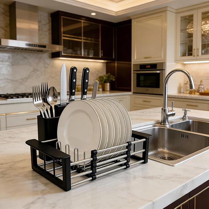 Stainless Steel Expandable Over Sink Dish Drying Rack | 11.4–18.5 inch Adjustable Drain Rack | Heavy-Duty 44LBS Capacity | Durable ABS Kitchen Organizer