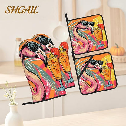 Cool Flamingo Oven Mitts and Heat Resistant Pads - Heat Resistant Gloves Potholder Set of 4 for Cooking, BBQ, Gifts for Women