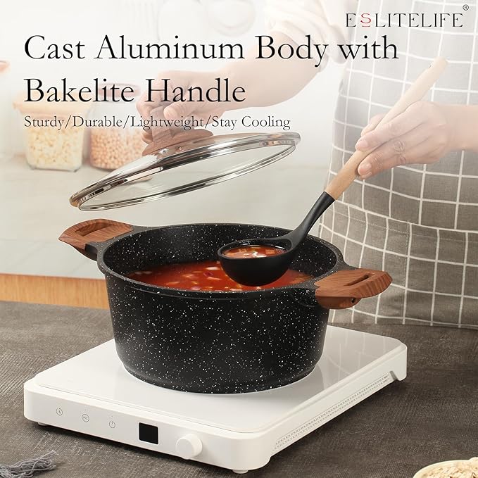 ESLITE LIFE Nonstick Stock Pot with Lid, 5 Quart Granite Casserole Large Soup Pot Pasta Cooking Pot, Induction Compatible, PTFE & PFOA Free, Black - Image 6