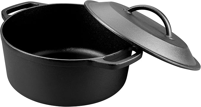VORRINGARD Pre-Seasoned Cast Iron Dutch Oven with Lid, Round and Dual Handles, for Stovetop, Camping, Grill, Induction, Electric, Black, 6qt
