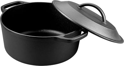VORRINGARD Pre-Seasoned Cast Iron Dutch Oven with Lid, Round and Dual Handles, for Stovetop, Camping, Grill, Induction, Electric, Black, 6qt