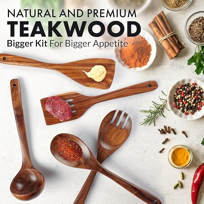Zulay Kitchen Extra-Large 5-Piece Wooden Spoon Set - Smooth Teak Cooking Utensils - Comfort-Grip Non-Stick Turner, Spatula, Skimmer, Fork, Serving Spoon - Image 9