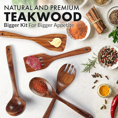 Zulay Kitchen Extra-Large 5-Piece Wooden Spoon Set - Smooth Teak Cooking Utensils - Comfort-Grip Non-Stick Turner, Spatula, Skimmer, Fork, Serving Spoon - Image 9