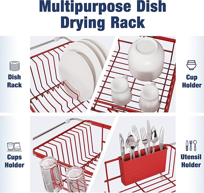 JASIWAY Red in Sink Dish Drying Rack, Expandable Stainless Steel Small Dish Rack Over Kitchen Sink, Plate Drainer Strainer with Cutlery Holder & Cup Holders, Counter Space Saving Wire Dryer Rack - Image 6