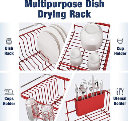 JASIWAY Red in Sink Dish Drying Rack, Expandable Stainless Steel Small Dish Rack Over Kitchen Sink, Plate Drainer Strainer with Cutlery Holder & Cup Holders, Counter Space Saving Wire Dryer Rack - Image 6