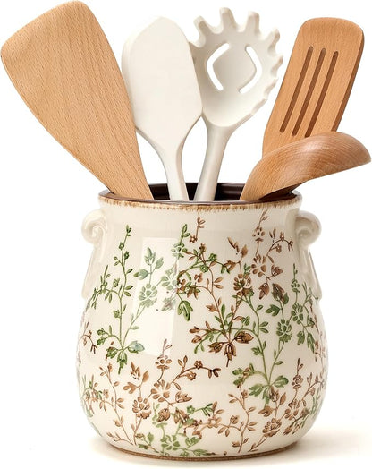 Utensil Holder for Kitchen Counter, Modern Farmhouse Rustic Cooking Utensil Holder and Crock, Exquisite Chinoiserie Floral Ceramic Utensil Organizer for Home Kitchen Decor- Green and Beige by Jemirry