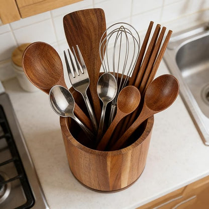 Acacia Wood Utensil Holder 360°Rotating Anti-Tip Design for Kitchen Counter,Cooking Utensil Crock for Countertop , Large Utensil Organizer for Spatula