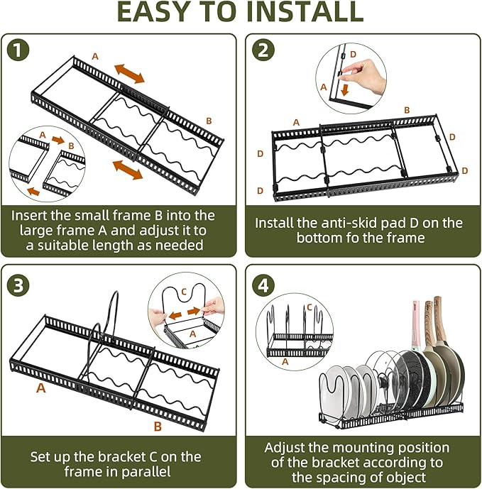 ROOHUA Pot Rack -Expandable Pan Organizer for Cabinet, Lid Holder with 10 Adjustable Compartment for Kitchen Cabinet Cookware Baking Frying Rack - Image 7