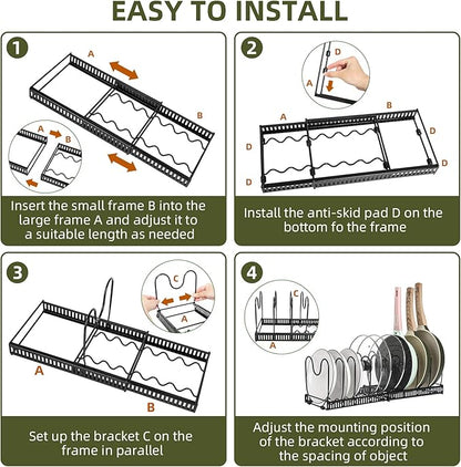ROOHUA Pot Rack -Expandable Pan Organizer for Cabinet, Lid Holder with 10 Adjustable Compartment for Kitchen Cabinet Cookware Baking Frying Rack - Image 7