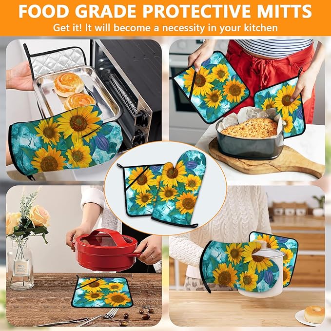 Sunflower Oven Mitts and Pot Holders Sets 4Pcs,Extra Long Oven Gloves Potholder for Kitchen Cooking Baking BBQ 100% Cotton Heat Resistant - Image 7