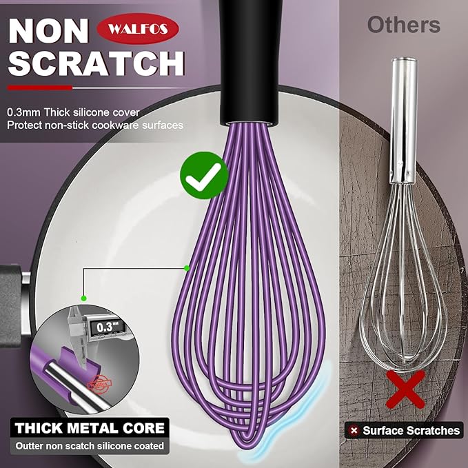Walfos Whisk, Silicone Whisks Set of 5, Mini Stainless Steel Whisk 7+5in & Non Scratch Coated 7+9+11in Whisks, Suitable for Blending, Whisking, Beating, Frothing & Stirring. (Purple) - Image 2