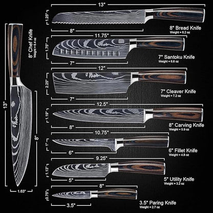 SENKEN 8-piece Premium Japanese Kitchen Knife Set with Laser Damascus Pattern - Imperial Collection - Chef's Knife, Santoku, Bread, Paring & More, Ultra Sharp for Very Fast Cutting