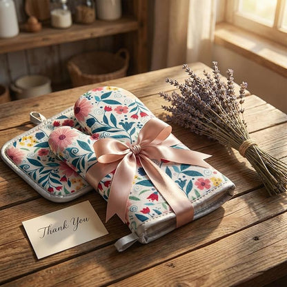 Floral Oven Mitts and Pot Holders Sets 2 Pcs, Canvas Heat Resistant Kitchen Mittens with Hot Pads, Vintage Farmhouse Country Decor, Non-Slip Cooking Baking Grilling Gifts for Women Mom (Flower2)