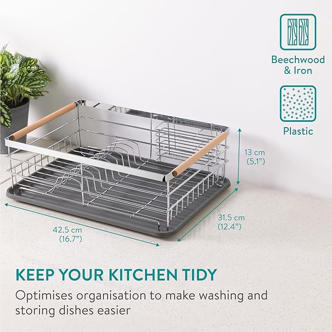 Navaris Dish Rack - Compact Drying Kitchen Board with Drip Tray & Cutlery Holder - Easy to Assemble and Clean Dishes - Sink Drainer Rack - Silver with Wooden Handles - Image 6
