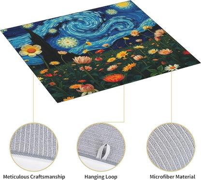 Starry Night Flowers Dish Drying Mat for Kitchen Counter, 16"x18" Microfiber Absorbent Fast Dry Mat, 2Pcs Dish Mat Faucet Mats Sets, Large Drying Kitchen Mat Kitchen Drying Pad