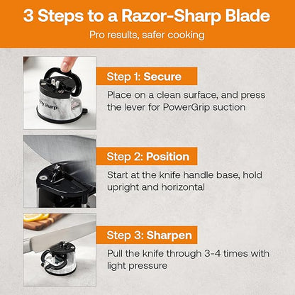 AnySharp – Editions – Hands Free Knife Sharpener - Easy to Use Sharpening Tool w/PowerGrip Suction Base and 20-Degree Pre-Set Angle - for All Knives: Chef's, Serrated, Hardened Steel - White Marble - Image 10