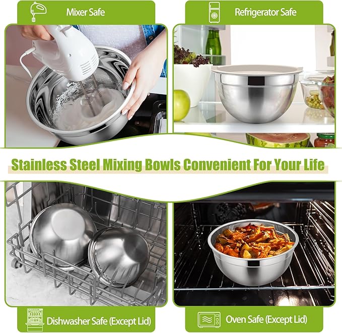 P&P CHEF Khaki Mixing Bowls with Lids, Set of 3, Stainless Steel Salad Nesting Bowl for Mixing, Storing, Prepping, Airtight & Stackable, Size 4.6/3 /1.5 QT - Image 4