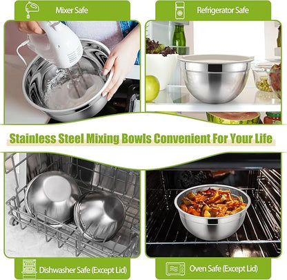 P&P CHEF Khaki Mixing Bowls with Lids, Set of 3, Stainless Steel Salad Nesting Bowl for Mixing, Storing, Prepping, Airtight & Stackable, Size 4.6/3 /1.5 QT - Image 4