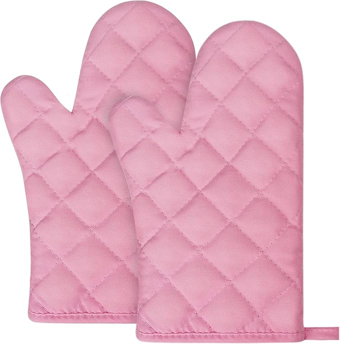 AUAUY Pink Oven Mitts, 1 Pair Kitchen Mittens, 392°F Heat Resistant Oven Gloves Non-Slip Kitchen Gloves for Oven, BBQ Gloves-Oven Mitts Infill Cotton Cooking Gloves for Oven Grilling Cooking Baking by AUAUY
