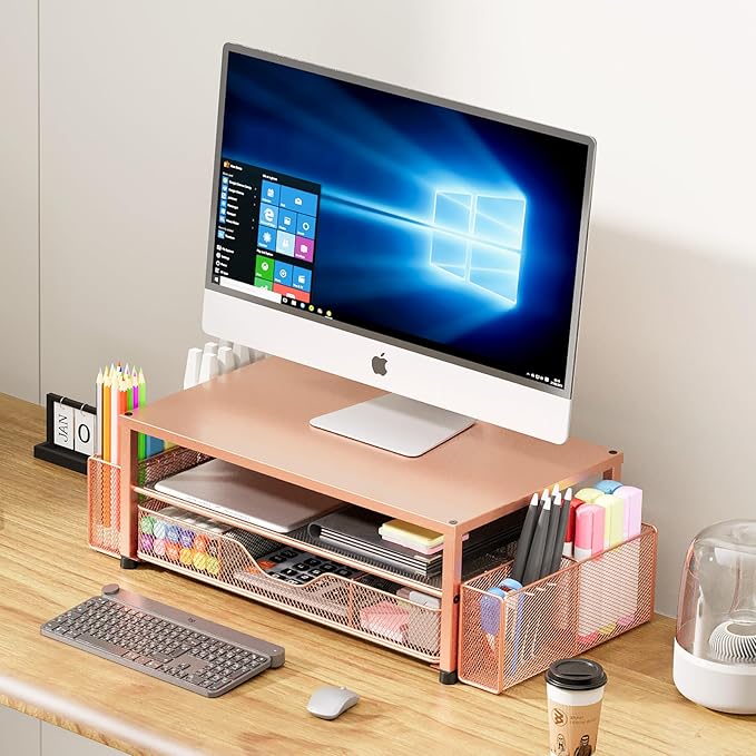 OPNICE Desk Organizers and Accessories, 2-Tier Computer Monitor Stand with Drawer and 2 Pen Holders, Laptop Stand, Office Desk Accessories for Office Supplies, Rose Gold - Image 5