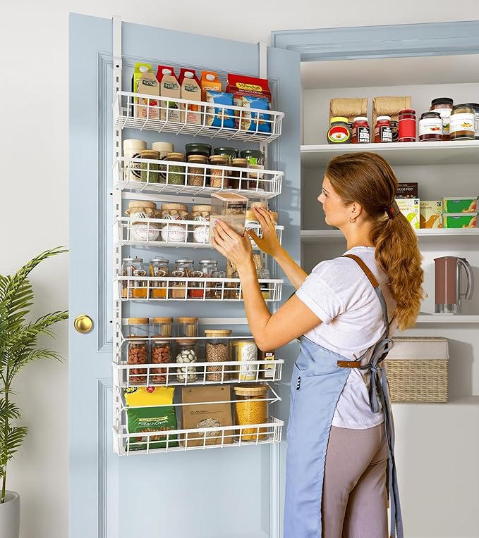 Mefirt Over The Door Pantry Organizer, Wall Mount Spice Rack, Pantry Hanging Storage and Organization, 6 Adjustable Baskets Heavy-Duty Metal for Home & Kitchen, Back of Door Seasoning Rack - White - Image 8