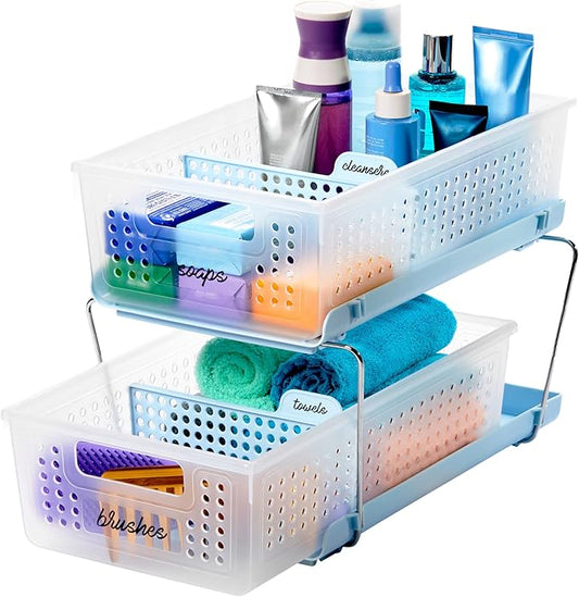 madesmart Two-Tier Bathroom Cabinet Organizer, Sliding Drawer Storage for Bottles, Sponges & Cleaning Supplies, Blue by madesmart%C2%AE