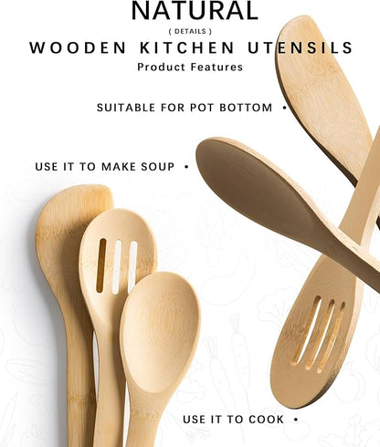 Wooden Spoons for Cooking, 3PCS Wooden Utensil Set Includes Slotted Spoon, Wooden Spoon & Wooden Spatula, Bamboo Cooking Utensils for Non-Stick Pans, Natural Bamboo Utensils - Image 4