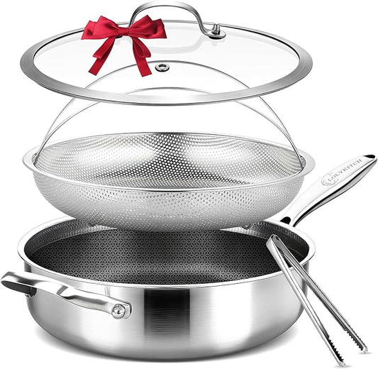 LOLYKITCH 5.5-Quart Hybrid Sauté Pan with Lid, 12-Inch Nonstick Deep Skillet with Fry Basket & Tongs, 3-ply Stainless Steel Large Frying Pan with Steam Insert, Works on All Cooktops by LolyKitch