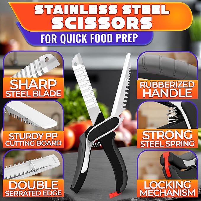 Cutting Board Scissors for Food – 6-in-1 Kitchen Shears with Ribbed Blade, Automatic Spring & Safety Lock, Dishwasher Safe – Cheese Scissors for Easy Slicing of Meat, Fish, Veggies, Fruits & Bread - Image 3