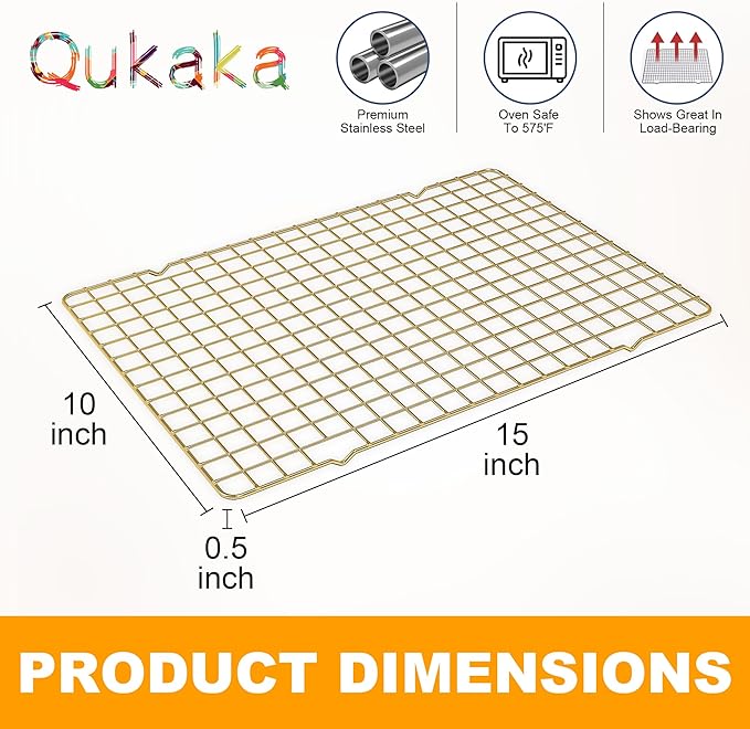 2-Pack Cooling Racks for Cooking and Baking - 10" x 15"Heavy Duty Stainless Steel Wire Rack for Baking, Grilling, Roasting - Oven & Dishwasher Safe - Fits Jelly Roll Sheet Pan（Gold） - Image 6
