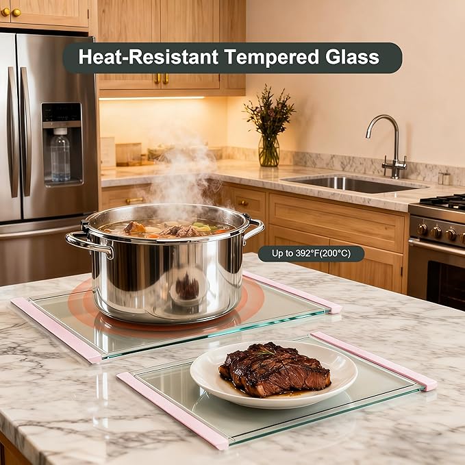 Tempered Glass Cutting Board Set for Kitchen Counter - Dishwasher Safe with Juice Grooves, Non-Slip Silicone Edges & Beveled Grip - 16"x12" & 12"x8" Serving Tray - Pink