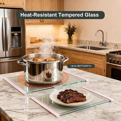 Tempered Glass Cutting Board Set for Kitchen Counter - Dishwasher Safe with Juice Grooves, Non-Slip Silicone Edges & Beveled Grip - 16"x12" & 12"x8" Serving Tray - Pink