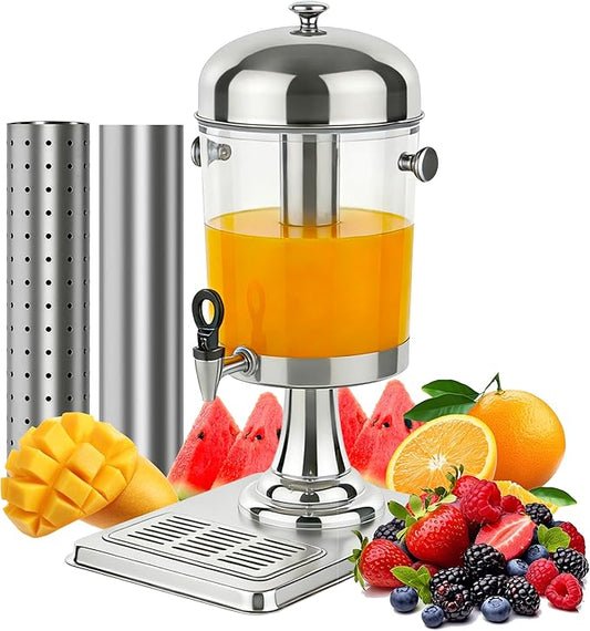 Beverage Dispenser with Stand,2 Gallon Drink Dispenser for Parties,Events,Buffet &Self-Serve,Dual Ice Tube Core Fruit Infuser,Leakproof Spigot,Clear PC Container,Stainless Steel Lid&Base by Unknown