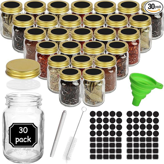 CycleMore 30 Pack 4oz Glass Mason Spice Jars, Round Spice Containers with Gold Metal Caps and Pour/Sift Shaker Lids-80pcs Labels,1pcs Silicone Collapsible Funnel,1Brush and Pen Included by CycleMore