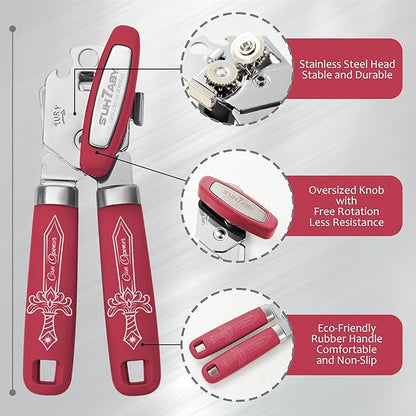 Manual Can Opener with Magnet, Heavy Duty Hand Can and Bottle Opener with Stainless Steel Blade and Rubber Grip, Smooth Cutting Hand Can Openers for Senior, Magnetic Lid Remover Kitchen Tool (Red)
