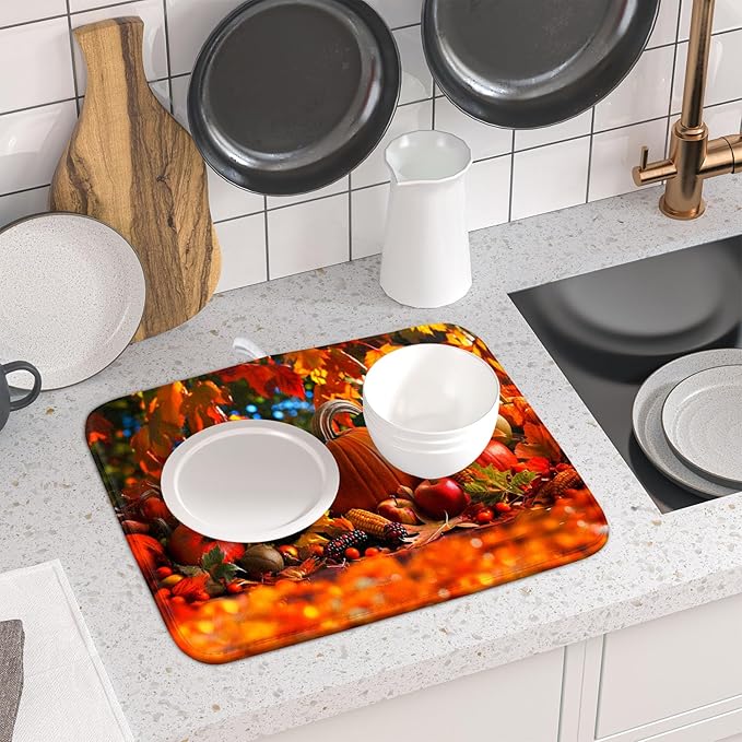 Fall Harvest Pumpkin Dish Drying Mat for Kitchen Counter,Thanksgiving Maple Leaves Sunflower Drying Mat 16 x 18 Inch with Absorbent Reversible Microfiber Dish Drying Pad for Coffee Bar - Image 6