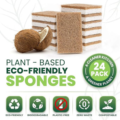 Metflavor 24 Pack Natural Kitchen Sponges, Biodegradable Non-Scratch Cellulose Sponge with Coconut Scrubber for Dishes, Compostable, Non Toxic Cleaning Sponges for Kitchen, Bathroom, Household