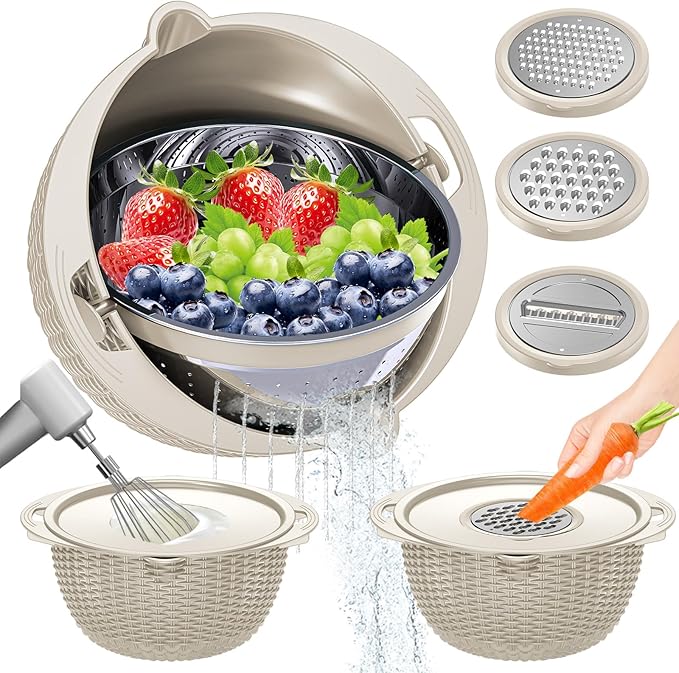 4-1 Colander with Bowl Set - Rotatable Colander for Kitchen (Patented), Upgraded Graters Food Strainers for Pasta Fruits and Vegetables, Funny Presents for Women, Aesthetic Kitchen Gadget - Beige by UTTKOJ